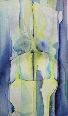 Aquarellbild abstrakter Orchidee in Grün- und Blautönen